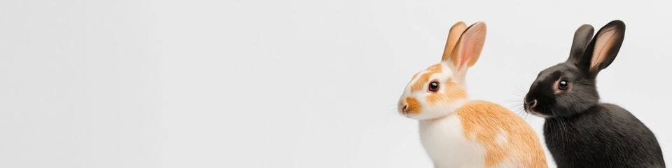 Obraz premium Two rabbits standing next to each other on a white background. The rabbits are of different colors, one is black and the other is orange