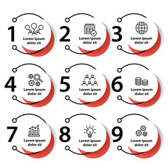 9 steps infographic template with 9 options. Flowchart that can be used for business report, data visualization and presentation. Timeline infographic elements vector illustration.