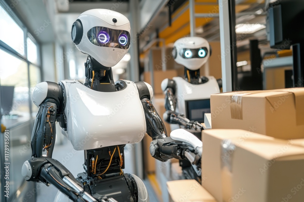 Poster advanced robots working in a modern warehouse during daytime hours