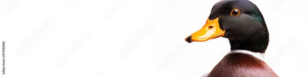 Poster a duck is standing in front of a white background. the duck is looking at the camera. the image has 
