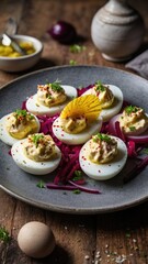 Deviled Eggs with Beetroot Salad and Herring on Rustic Plate