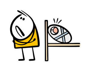 Strict father or mother turned away from the child. Vector illustration of raising  baby. How to calm a newborn. Infant is lying on the bed and crying. Isolated cartoon character on white background.