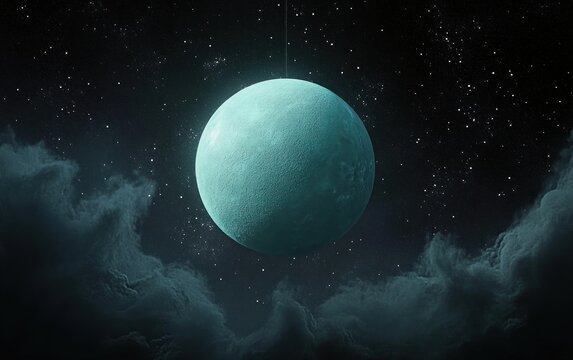 Turquoise Planet in Starry Sky Surreal Digital Art Space Exploration