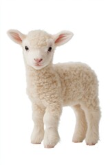 Fototapeta premium A baby lamb stands on its hind legs and looks up at the camera. The lamb is white and fluffy, with big eyes and a cute expression. Concept of innocence and curiosity