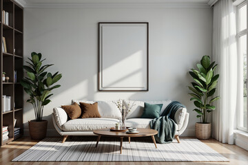 Cozy minimalist living room with white sofa, wooden coffee table, and green plants.