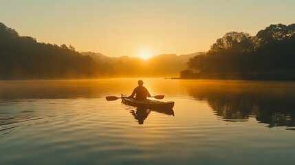 Fototapeta premium Solo kayaker on calm lake at sunrise.