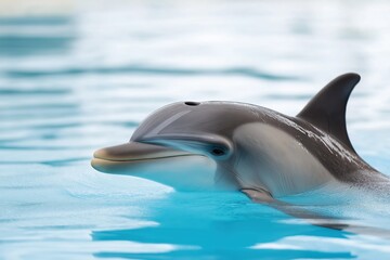 Obraz premium A dolphin is swimming in the ocean with its mouth open. The water is blue and the sky is clear