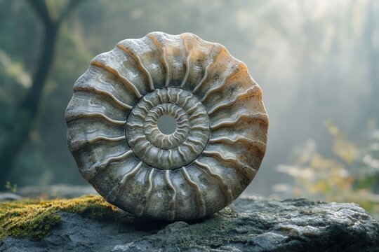 Ancient ammonite fossil, spiraled shell resting on moss-covered rock, nature's beauty.