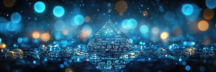 blue water drop digital icon binary code artificial intelligence hydrology resource management environmental monitoring sustainable conservation efforts