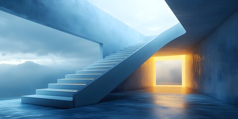 Obraz premium Futuristic virtual showroom with modern glass architecture and glowing panels exudes luxury and innovation, ideal for real estate ads or interior designs highlighting modernity and cutting-edge style.