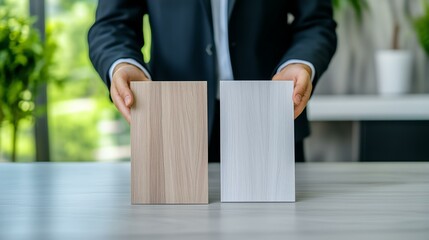 Businessman showcasing wood samples in modern office environment