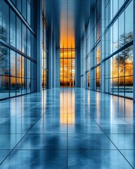 Futuristic virtual showroom with modern glass architecture and glowing panels exudes luxury and innovation, ideal for real estate ads or interior designs highlighting modernity and cutting-edge style.