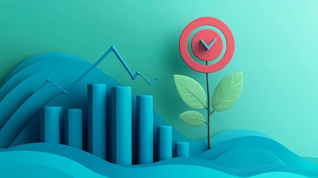 Business growth and development. Overview of performance and progress, with an emphasis on future. The graph illustrates the implementation of a business strategy and the achievement of goals.