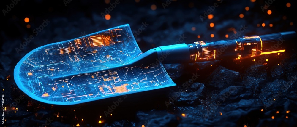 Poster futuristic data mining high-tech digital artwork with glowing circuitry and geometric patterns