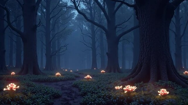 Mysterious enchanted forest illuminated by glowing flowers in a dark twilight setting
