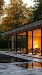 Fototapeta premium Futuristic virtual showroom with modern glass architecture and glowing panels exudes luxury and innovation, ideal for real estate ads or interior designs highlighting modernity and cutting-edge style.