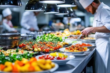 Culinary preparation with vibrant dishes in a bustling kitchen during evening service