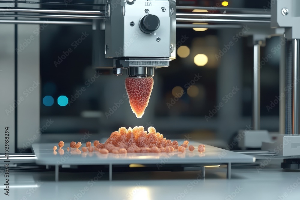 Poster 3d printing device creating a food item in a modern workshop during evening hours