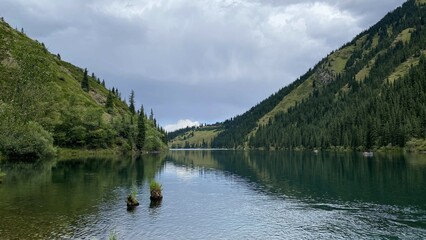 Fototapeta premium Picturesque Kolsay Lake among green and rocky mountains with pine trees. Two stumps with grass stick out of the water, endless sky above