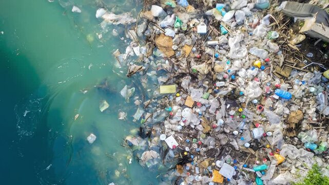 Plastic bottles, bags, and various debris accumulate in a body of water, creating a stark visual of environmental pollution and its devastating impact