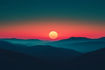 Fototapeta premium Warm sunrise behind distant hills