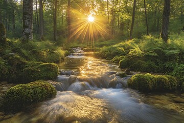 Light reflecting in quiet forest stream