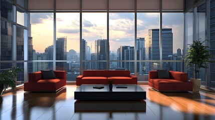 A luxurious penthouse living room with expansive windows and sleek furniture, showcasing a panoramic cityscape view in HD and realistic quality
