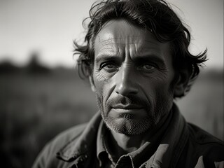 Black and White Portrait of a Thoughtful Middle-Aged Man with Deep Expression in a Natural Outdoor Setting