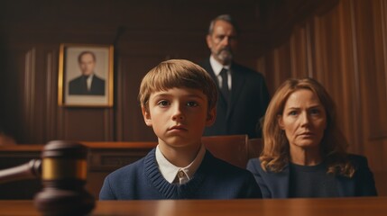 Obraz premium Cute child and mother at table with gavel of judge blurred in background, family law concept