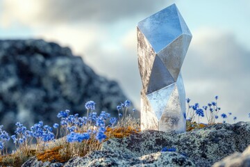 A silver geometric sculpture stands amidst a field of blue flowers on a rocky outcrop under a cloudy sky.