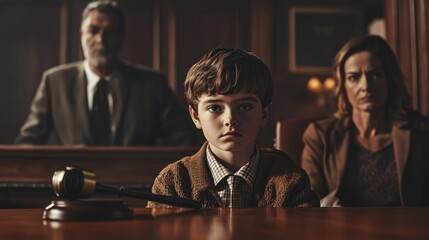 Cute child and mother at table with gavel of judge blurred in background, family law concept