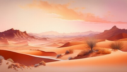 Naklejka premium Serene desert landscape at sunset. Warm, orange hues dominate the scene.