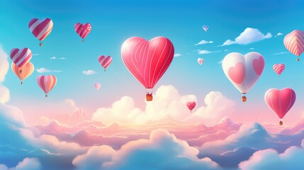 Many heart balloons in the blue sky.