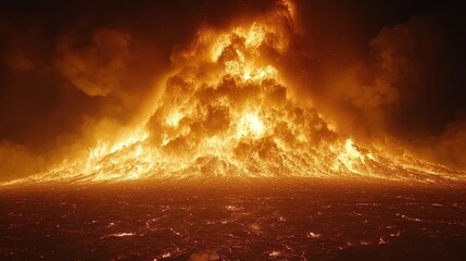 A fiery volcanic eruption with molten lava and smoke creating a dramatic landscape.