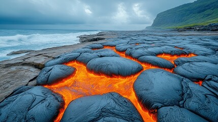 A dramatic landscape featuring flowing lava against a rocky coastline and ocean waves.