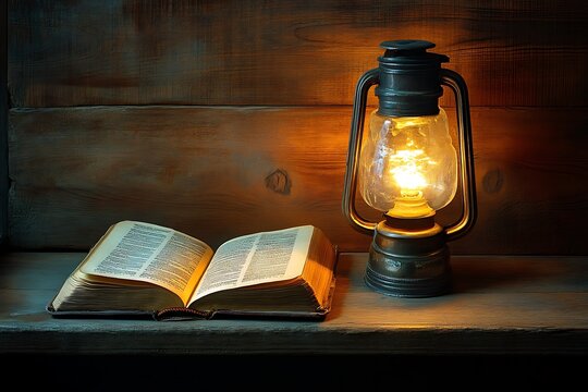 Open bible next to a lit oil lamp