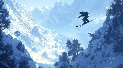 Skier soaring through snowy mountain valley.