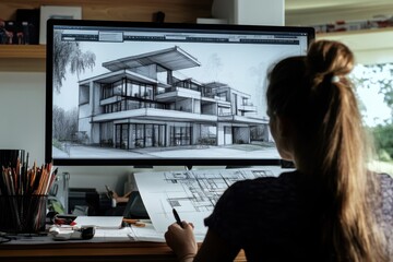 Female architect reviewing modern building designs on computer at workspace