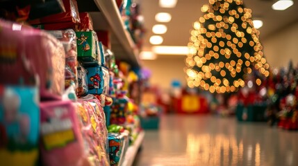 Colorful Holiday Toys and Blurry Christmas Tree Decorations in a Store Aisle Filled with Gift Boxes and Joyful Festive Atmosphere for Seasonal Celebrations