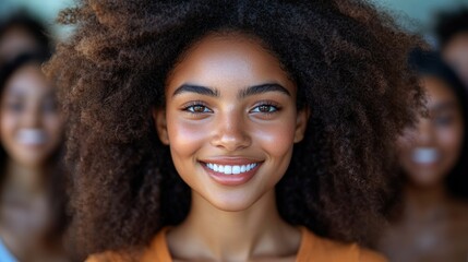 A smiling young woman with curly hair stands in front of a group, radiating positivity.