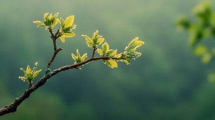 A twig with fresh leaves and dewdrops against blurred green.