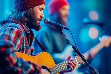 Obraz premium Guitarist and vocalist harmonizing during worship set