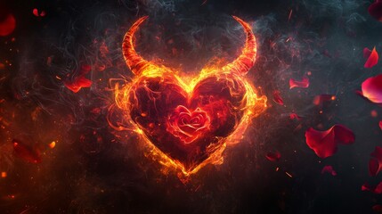 Fototapeta premium Burning heart with devil horns and rose embracing forbidden love