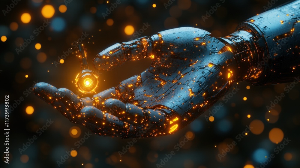 Poster digital hand holding glowing wrench spanner in cyberpunk style with ai for maintenance management an