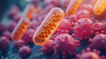 Immunity booster supplements enhance the immune system for better health and wellness. Detailed representation of immunity boosters working at a cellular level to support the immune system.