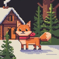 Naklejka premium A pixelated fox wearing a red scarf sits peacefully on a snowy field, surrounded by vibrant snow.