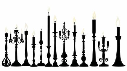 Silhouette of candle with flame on white background - candlelight and candelabrum objects adding brightness. Candescent. Illustration