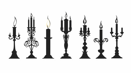 Silhouette of candle with flame on white background - candlelight and candelabrum objects adding brightness. Candescent. Illustration