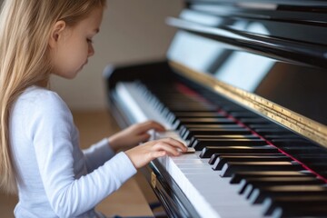 Young girl playing piano in a bright room during afternoon sunlight