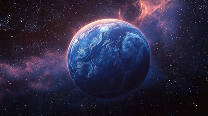 Obraz premium Neptune Blue Planet Cyberpunk Space Art with Neon Lighting and Starry Background